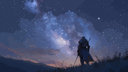 Fantasy knight with a sword contemplates the vast cosmos and galaxy under a beautiful starlit sky
