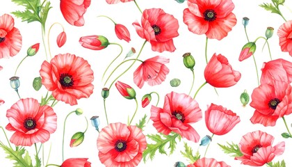 Watercolor poppy flower seamless pattern