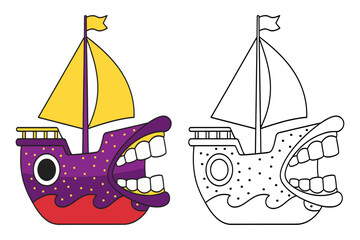 Toothy sailboat in color and outline, playful sailing ship grinning mouth design, cheerful toothed boat line drawing.
