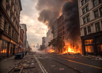 City destruction scene with fire, heavy smoke, and crumbling structures