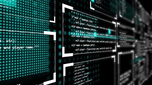 futuristic high tech background with glowing programming code, data streams, and abstract interface elements animation