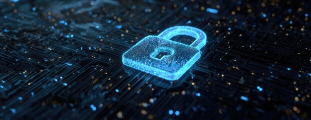 Glowing blue padlock icon symbolizing digital cybersecurity and data protection on a dark circuit board background.
