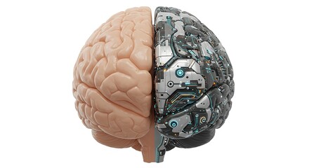 A human brain seamlessly merges with a robotic, cybernetic counterpart, illustrating the convergence of biology and technology.