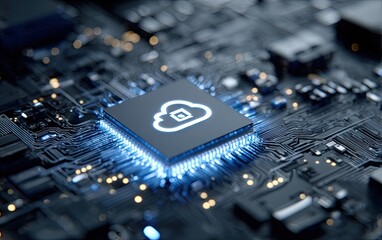 Futuristic CPU with glowing secure cloud computing icon on a circuit board representing data security and technology.