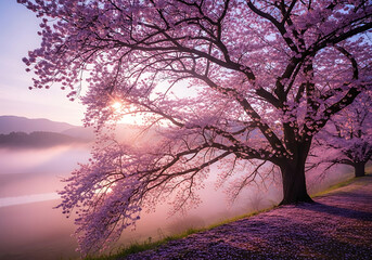 Majestic cherry blossom tree in full bloom overlooking misty landscape at sunrise