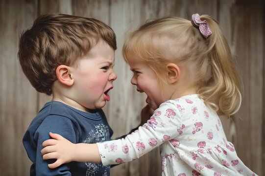 Little kids are anger a heated argument during walk outside.