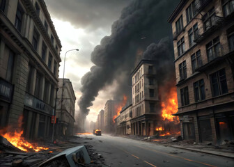 City destruction scene with fire, heavy smoke, and crumbling structures