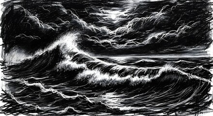 A dramatic black and white drawing of a stormy sea with large, crashing waves under a dark, cloudy sky.