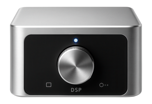 Compact DSP processor with a silver aluminum case and a single rotary knob for audio mixing consoles