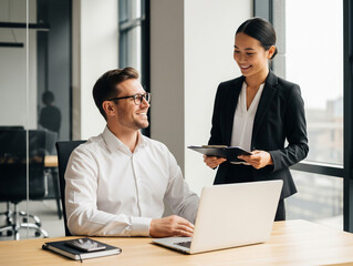 Obraz premium Man listens attentively while looking at the standing woman.
