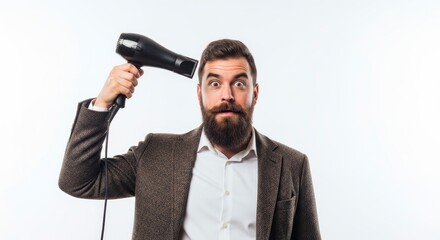 Fototapeta premium Man in blazer holds hairdryer to head surprised look
