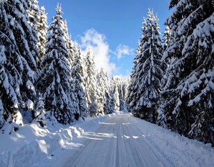 A snowy winter landscape showcases a sunlit path winding through a dense forest of snow-covered pines.