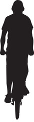 The image is a black silhouette of a person riding a bicycle, viewed from the front, with the person's head and shoulders prominently featured.