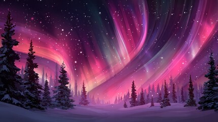 Naklejka premium Swirling Aurora Borealis paints the sky above snowy, forested, winter landscape