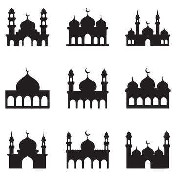 Set of Mosque icon packs vector Masjid Icons. Vector black silhouette. with white background