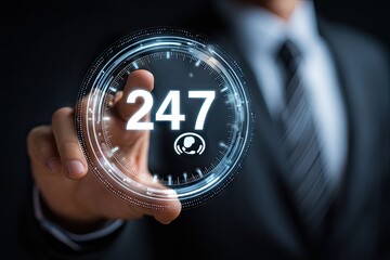 247 Customer Support Concept - Digital Clock and Hand Touch.