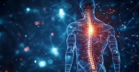 A detailed illustration of the human body with an animated portrayal showing glowing neural connections between parts like the head, neck, and back
