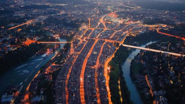 Cathedral Illuminated by Evening Lights and Colors. Bern. Switzerland
