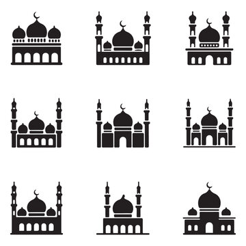 Set of Mosque icon packs vector Masjid Icons. Vector black silhouette. with white background