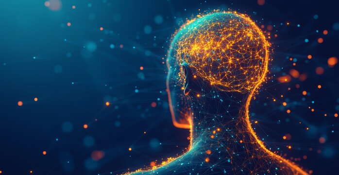 Human body with glowing digital connections and brain in a blue background, a 3D rendering illustration of the human nervous system for an educational