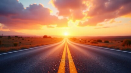 Open road leading to a vibrant sunset over a vast landscape asphalt road double yellow line