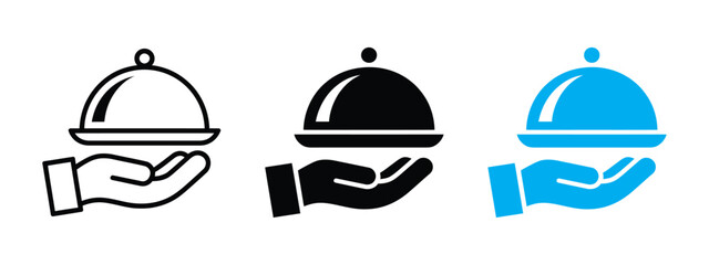 Three stylized icons of a hand holding a covered serving dish in black outline solid black and bright blue isolated on transparent background