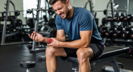 Man in gym seated on bench grimacing with apparent wrist pain