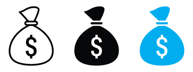 Three stylized money bag icons with dollar signs in black white and blue isolated on transparent background