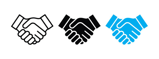 Three stylized handshake icons in black white and blue representing agreement partnership and collaboration isolated on transparent background