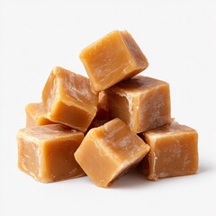 Caramel candies stacked on a white background