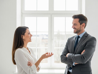 Casual talk illustrates productive collaboration between the two coworkers.