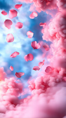 Soft flower petals floating against pastel skies, gentle and dreamy