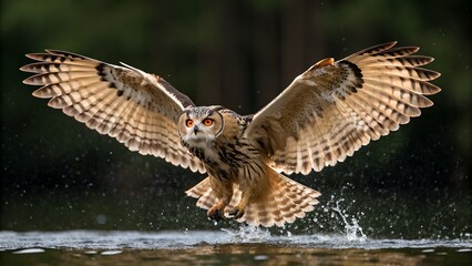 Fototapeta premium Majestic owl in flight, water splash 