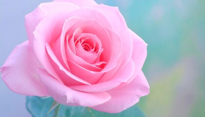 A close-up view of a single, exquisite pink rose, showcasing its delicate petals and intricate center, against a soft, pastel-colored backdrop.