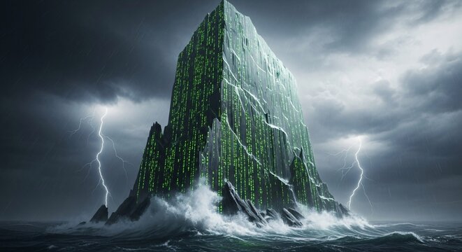 A lone figure stands on a rocky island covered in green code during a thunderstorm