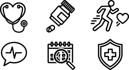 Medical health icons set for heart care running calendar and protection vector design