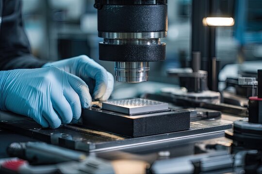 Gloved hands of a technician working with a precision component under an industrial microscope. - Powered by Adobe