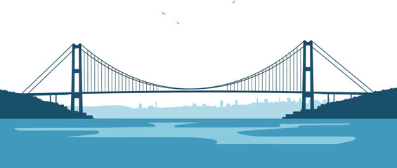 Fototapeta premium Suspension Bridge Vector Illustration with City Skyline and Calm Water in Blue Tones for Design Projects