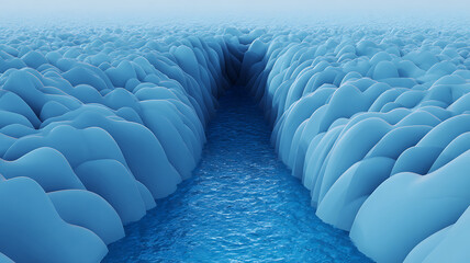 Fototapeta premium Water flows between abstract cliffs, a river carving through a blue landscape.