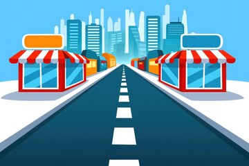 Digital illustration with blue background, city skyline and busy shopping street, flat bright style