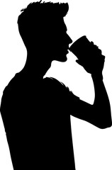 The image is a black silhouette of a man drinking from a cup, his body angled to the right, showcasing a casual posture and short hair.
