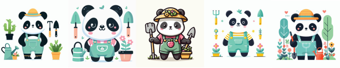 set of cute panda vectors gardening