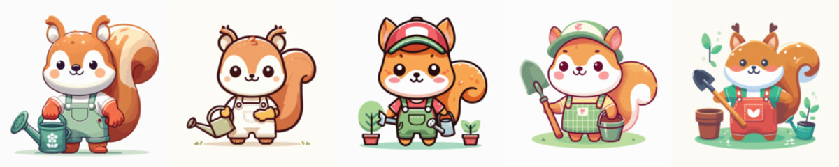 set of cute squirrel vectors gardening