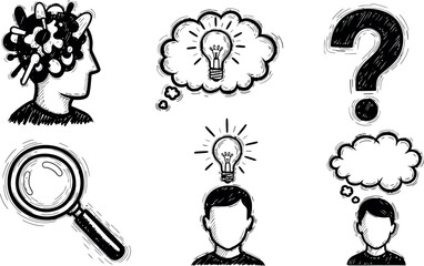 Naklejka premium Creative thinking and problem solving concept with human heads and light bulbs vector illustration