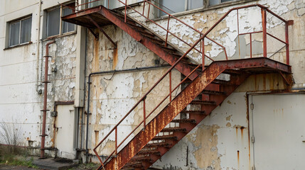 Rusty industrial metal staircase on old peeling paint building exterior with urban decay elements