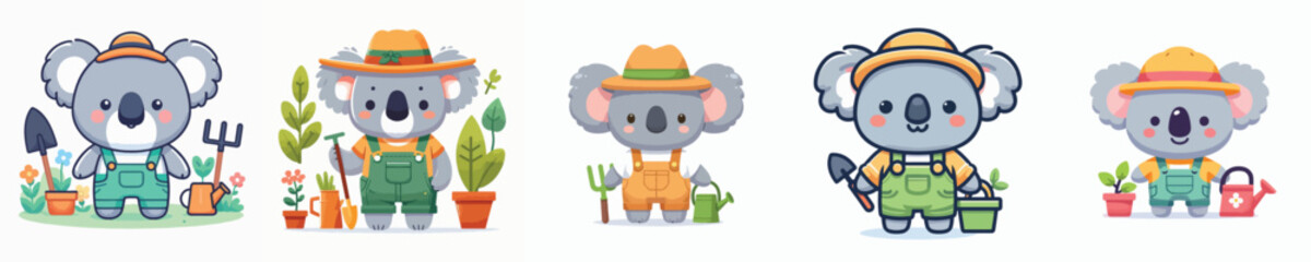 set of cute koala vectors gardening