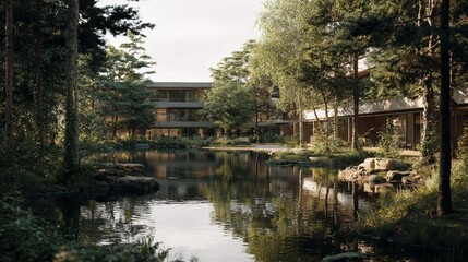 Obraz premium Modern suburban building by lake