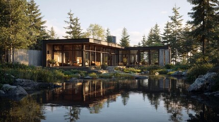 Obraz premium Modern home by serene lake in daylight