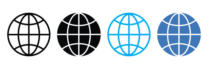 Four stylized oval globe icons in black white blue and teal showing longitude and latitude lines isolated on transparent background