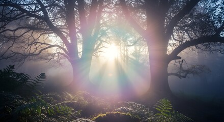Fototapeta premium Sunbeams through misty forest illuminating ancient trees.